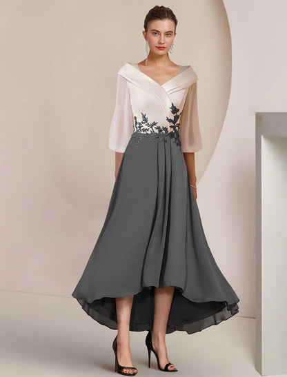 A-Line Mother of the Bride Dress Formal Wedding Guest Elegant High Low V Neck Asymmetrical Tea Length Chiffon Lace 3/4 Length Sleeve with Pleats Appliques Color Block