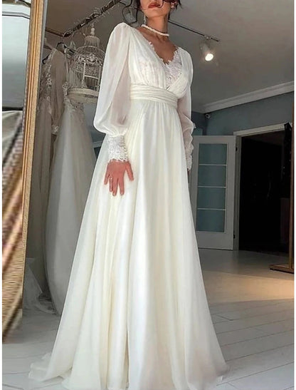 Little White Dresses Wedding Dresses A-Line V Neck Long Sleeve Sweep / Brush Train Chiffon Bridal Gowns With Pleats Solid Color