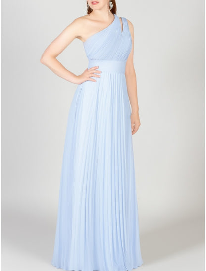 A-Line Bridesmaid Dress One Shoulder Sleeveless Blue Floor Length Chiffon with Ruching