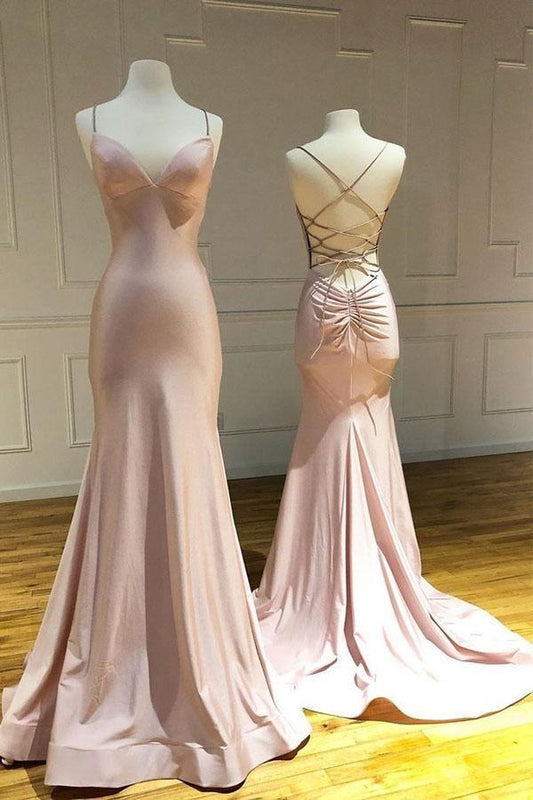 Mature pink fishtail dress with thin shoulder straps and satin cross shaped long evening dress