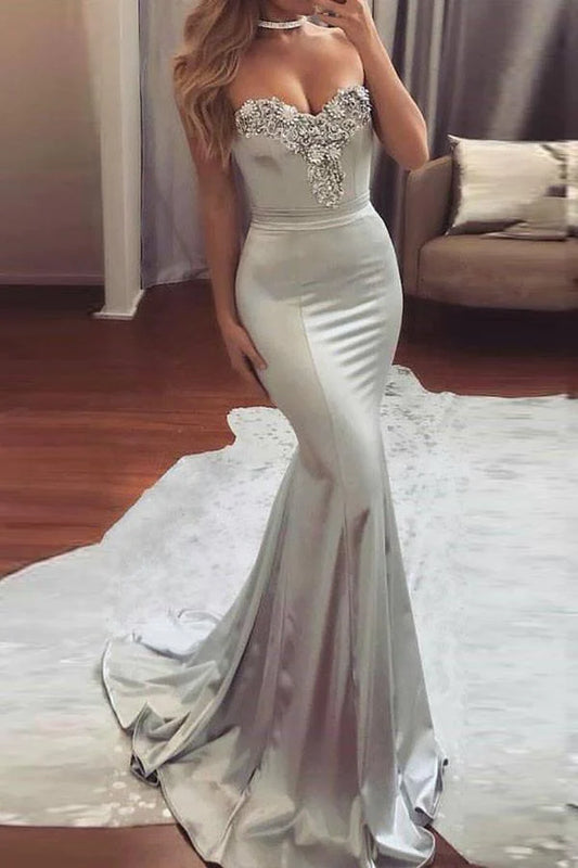 Beaded Mermaid Sweetheart Swift Tail Satin Strapless Off Shoulder Prom Dress