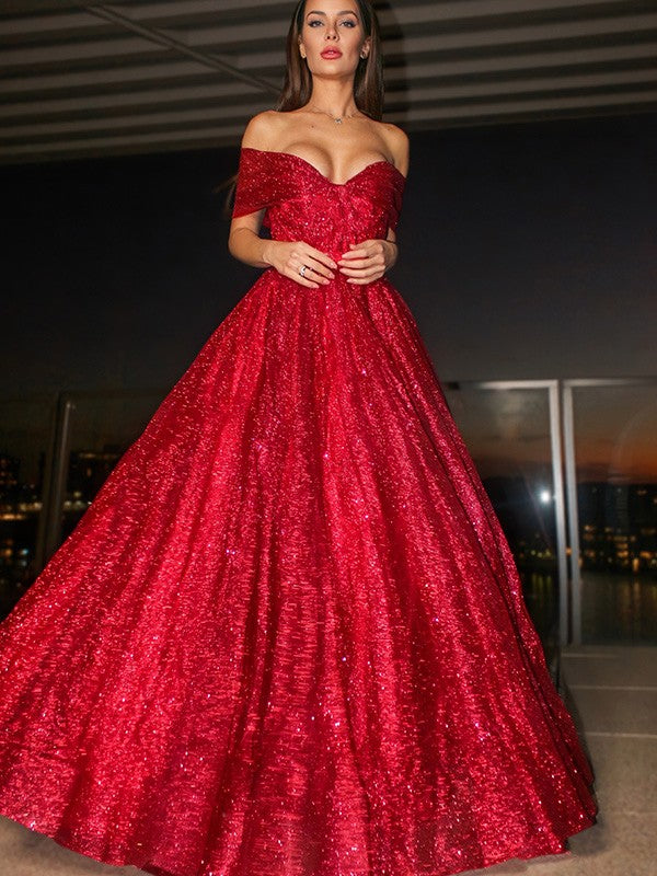 Ball Gown Off-the-Shoulder Sleeveless Satin Ruffles Floor-Length Dresses