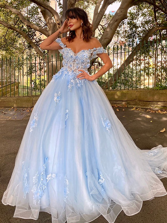 Ball Gown Tulle Applique Off-the-Shoulder Sleeveless Sweep/Brush Train Dresses