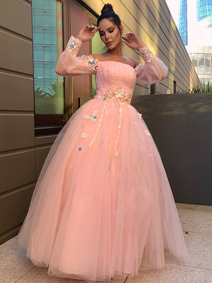 Ball Gown Hand-Made Flower Tulle Long Sleeves Off-the-Shoulder Floor-Length Dresses