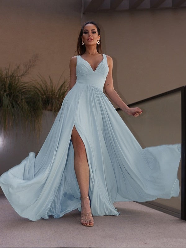 A-Line/Princess Ruffles Jersey V-neck Sleeveless Floor-Length Dresses