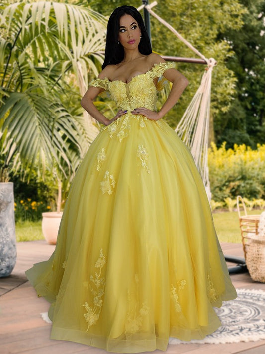 Ball Gown Tulle Applique Off-the-Shoulder Sleeveless Sweep/Brush Train Dresses