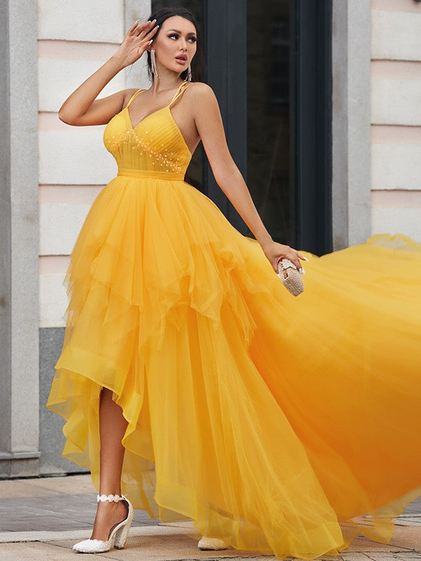 A-Line/Princess Tulle Ruffles V-neck Sleeveless Asymmetrical Dresses