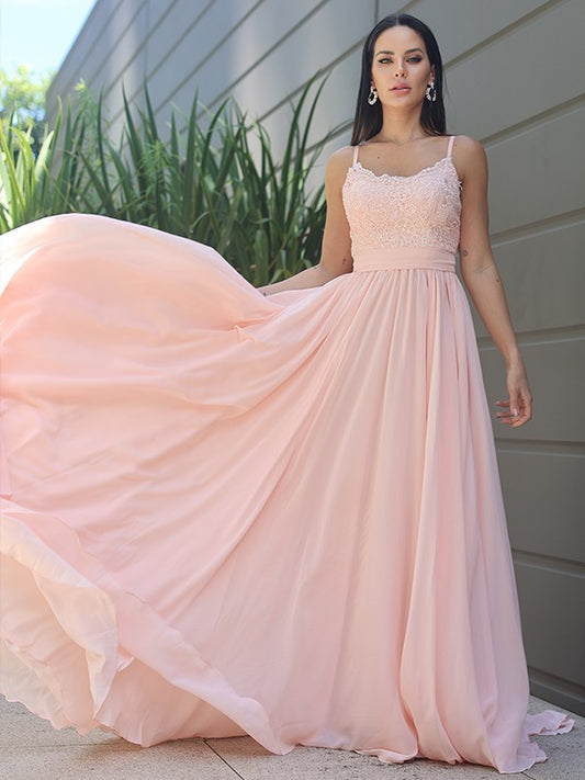 A-Line/Princess Chiffon Lace Spaghetti Straps Sleeveless Sweep/Brush Train Bridesmaid Dresses