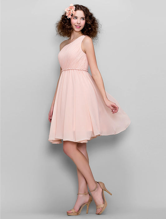 A-Line / Ball Gown One Shoulder Knee Length Chiffon Bridesmaid Dress with Sash / Ribbon / Side Draping