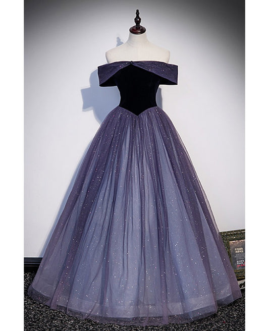 Elegant purple sequin suede off shoulder short sleeved ball dress purple A-line/princess backless and floor length floor length drag long evening dress