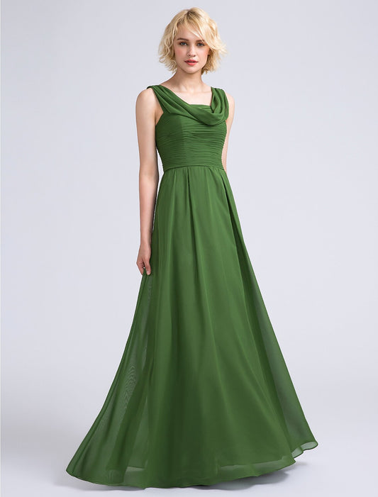 A-Line Bridesmaid Dress Cowl Neck Sleeveless Open Back Floor Length Chiffon with Ruched