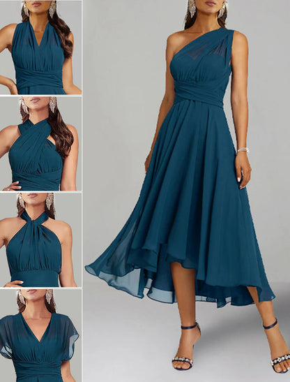 A-Line Blue Wedding Guest Dresses Convertible Infinity Mother Of The Bride Dress Formal Tea Length Sleeveless One Shoulder Chiffon with Ruched