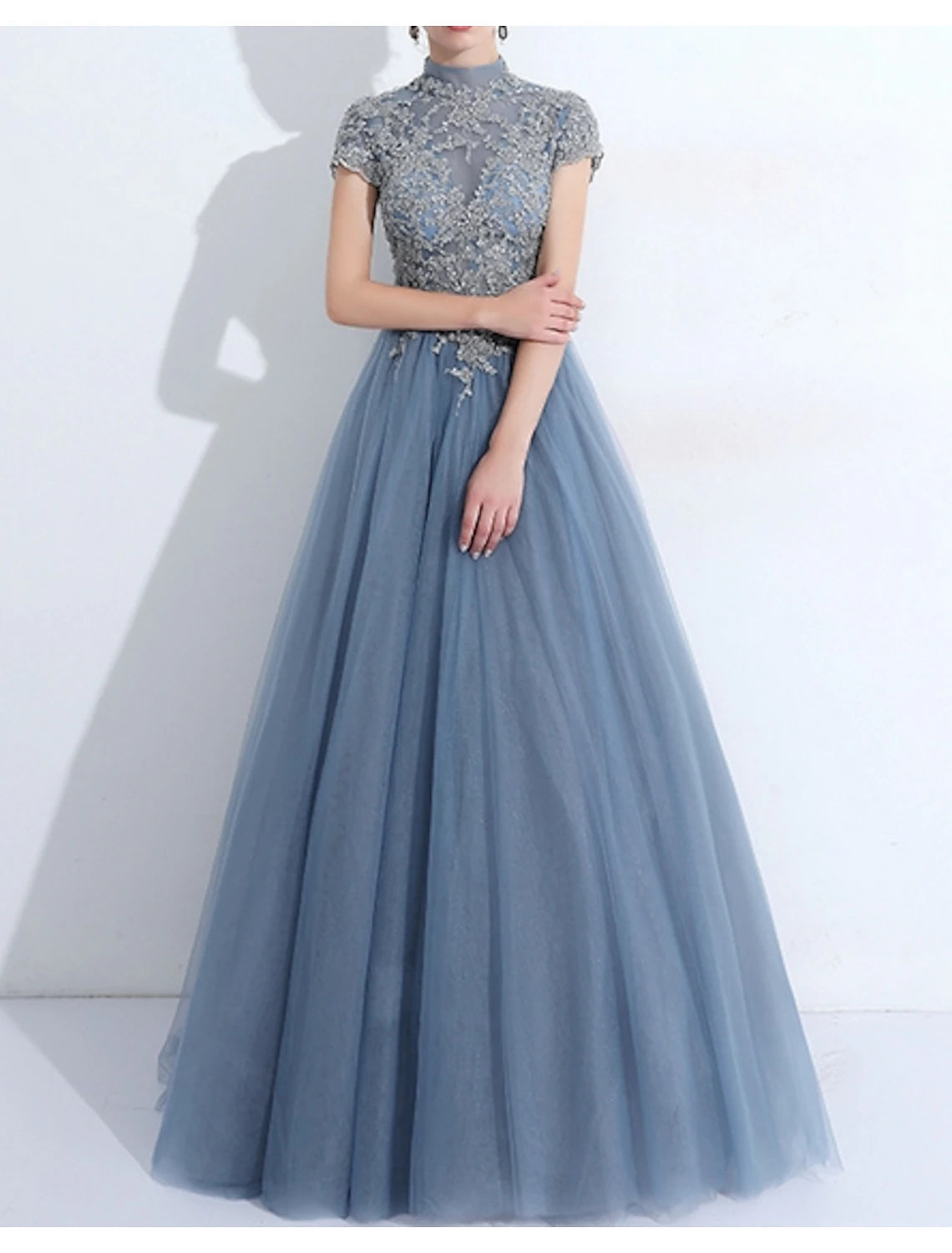 A-Line Evening Gown Elegant Dress Wedding Guest Quinceanera Floor Length Short Sleeve High Neck Tulle with Pleats Appliques