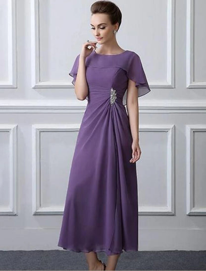A-Line Mother of the Bride Dress Plus Size Bateau Neck Tea Length Chiffon Short Sleeve with Ruffles Crystal Brooch Ruching