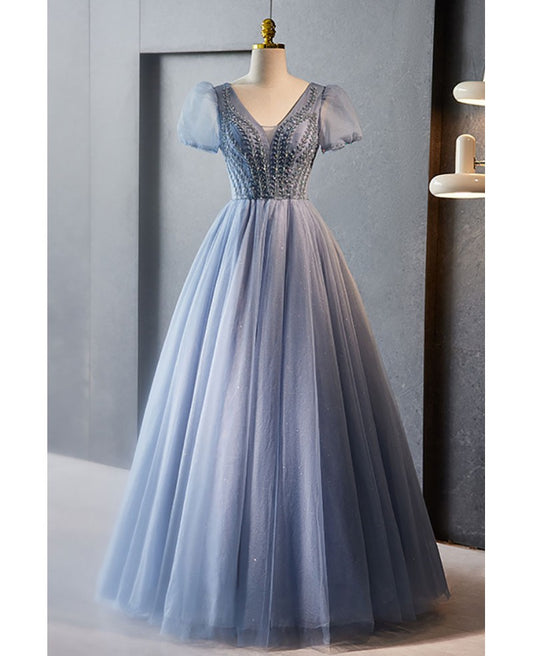 Chic/beautiful sky blue beaded rhinestone fluffy short sleeved ball dress sky blue A-line/princess V-neck backless and ground length evening dress