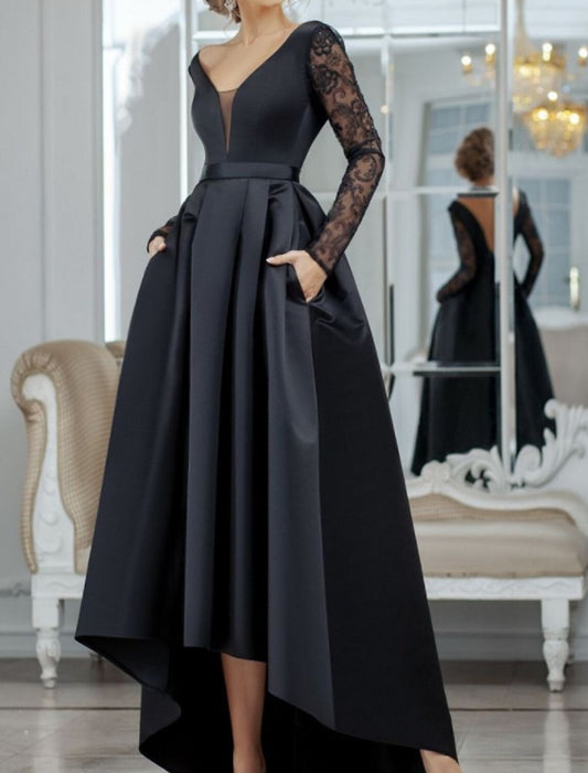 A-Line Evening Gown Black Dress Vintage Halloween Wedding Guest Asymmetrical Long Sleeve V Neck Satin with Pleats Lace Insert