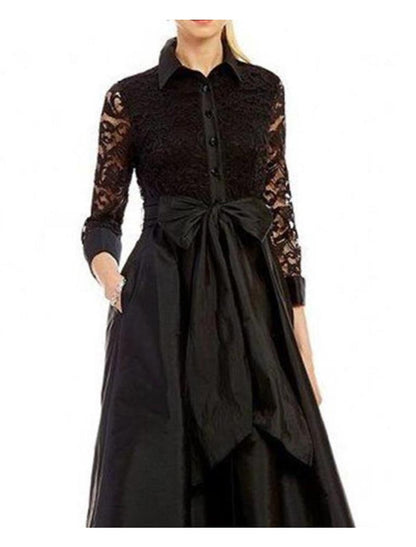 A-Line Mother of the Bride Dress Formal Wedding Guest Party Elegant Shirt Collar Ankle Length Lace Taffeta 3/4 Length Sleeve with Bow(s) Appliques