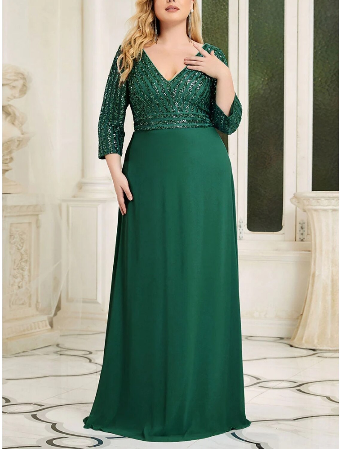 A-Line Plus Size Curve Mother of the Bride Dress Wedding Guest Sparkle & Shine Elegant V Neck Floor Length Chiffon Sequined 3/4 Length Sleeve with Pleats Sequin Solid Color