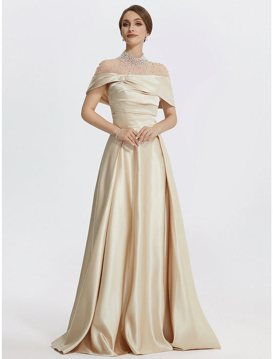 A-Line Evening Gown Elegant Dress Formal Prom Floor Length Sleeveless High Neck Italy Satin with Ruched Pearls