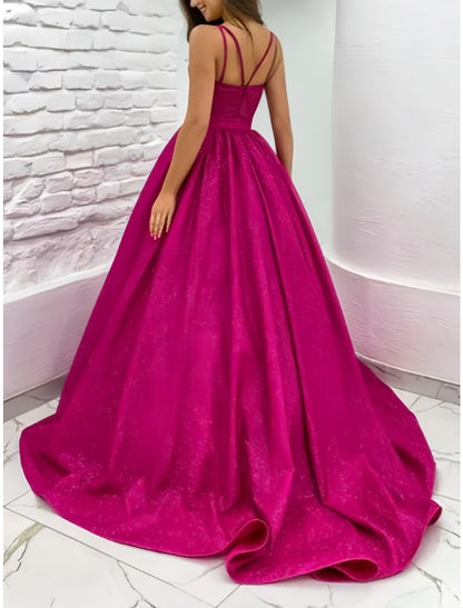 A-Line Evening Gown Elegant Dress Formal Court Train Sleeveless Sweetheart Sequined with Pleats Sequin