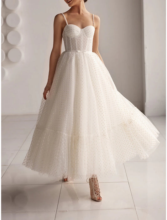 Reception Little White Dresses Wedding Dresses A-Line Sweetheart Camisole Spaghetti Strap Ankle Length Tulle Bridal Gowns With Bow(s)