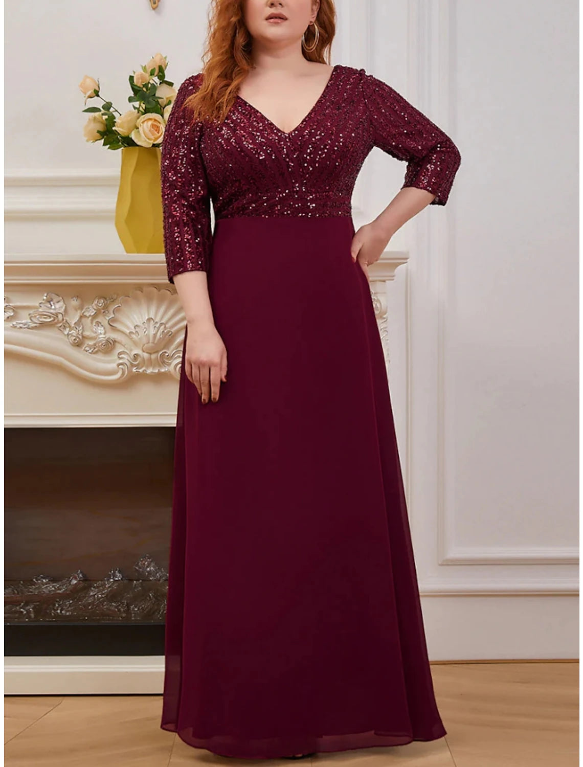 A-Line Plus Size Curve Mother of the Bride Dress Wedding Guest Sparkle & Shine Elegant V Neck Floor Length Chiffon Sequined 3/4 Length Sleeve with Pleats Sequin Solid Color