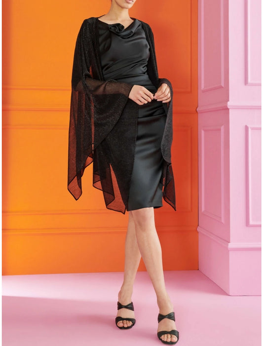 Sheath / Column Mother of the Bride Dress Wedding Guest Elegant Cowl Neck Knee Length Stretch Satin Long Sleeve with Split Front Ruching