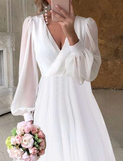 Bridal Shower Wedding Dresses Little White Dresses Simple A-Line V Neck Long Sleeve Asymmetrical Chiffon Bridal Gowns With Solid Color Summer Wedding Party