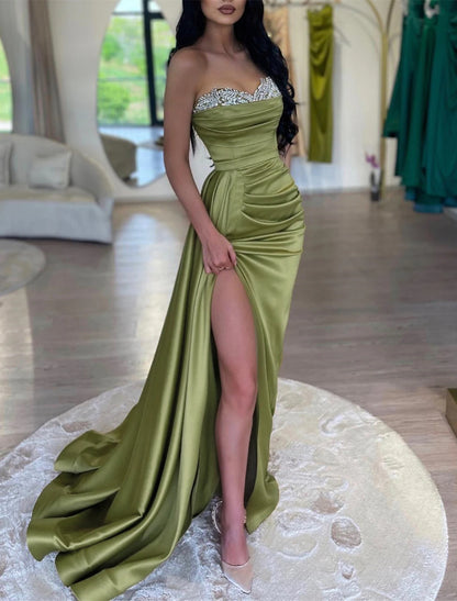 Mermaid Party Dress Evening Gown Sparkle & Shine Dress Formal Wedding Court Train Sleeveless Strapless Satin with Rhinestone Ruched Slit