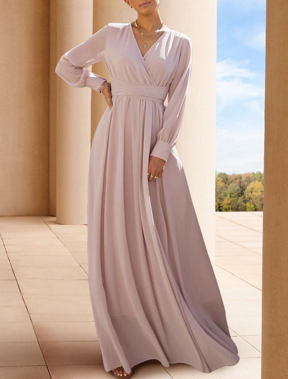 A-Line Mother of the Bride Dress Formal Wedding Guest Elegant Scoop Neck V Neck Floor Length Chiffon Long Sleeve with Pleats