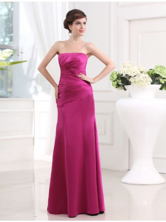 Sheath/Column Strapless Sleeveless Long Pleats Satin Bridesmaid Dresses