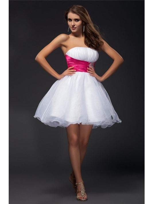 A-Line/Princess Strapless Sleeveless Beading Sash Short Organza  Woven Satin Cocktail Dresses