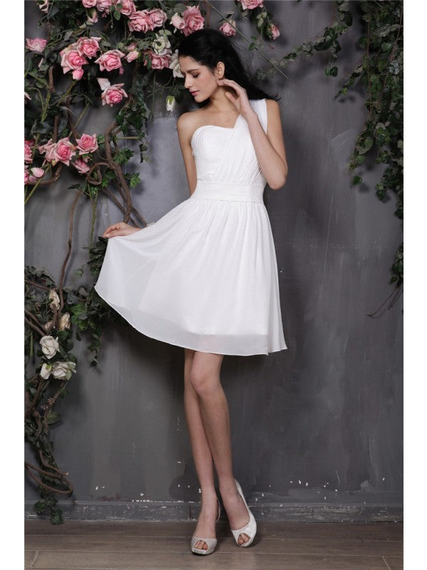 A-Line/Princess One-Shoulder Sleeveless Pleats Short Chiffon Bridesmaid Dresses