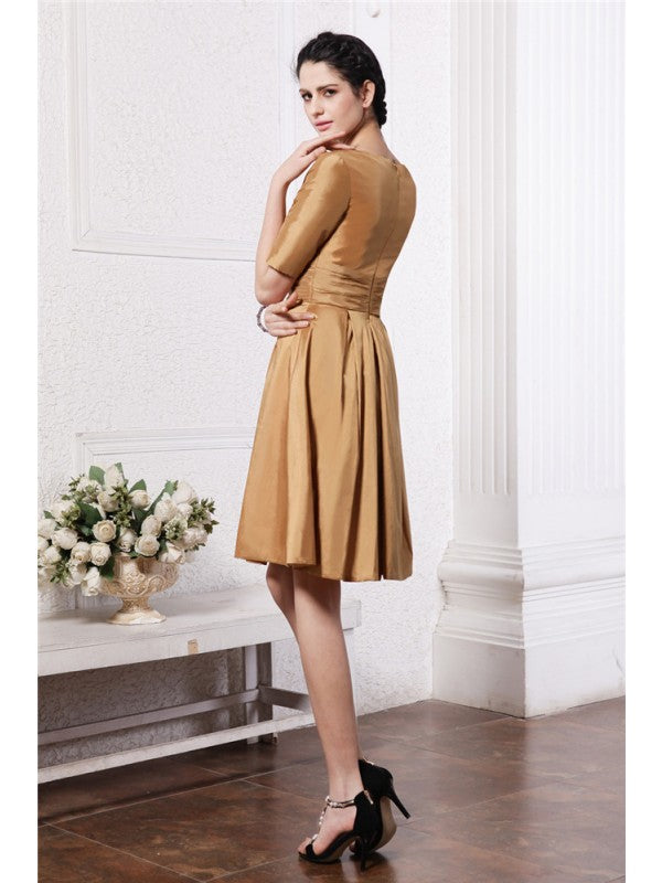 Sheath/Column V-neck Half Sleeves Pleats Taffeta Bridesmaid Dresses