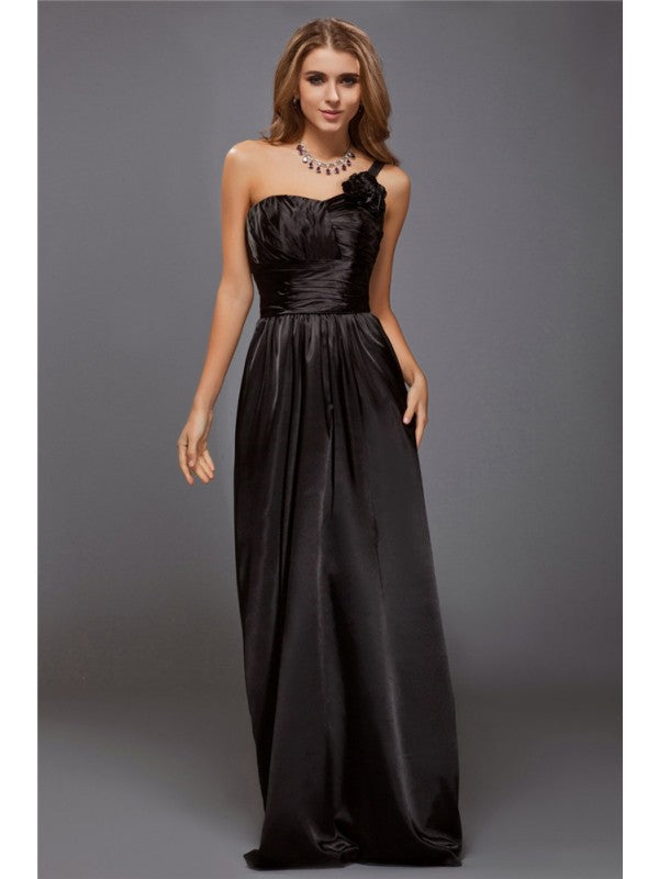 Sheath/Column One-Shoulder Sleeveless Ruffles Long Satin Bridesmaid Dresses