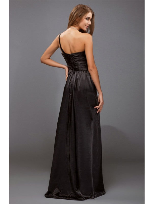 Sheath/Column One-Shoulder Sleeveless Ruffles Long Satin Bridesmaid Dresses