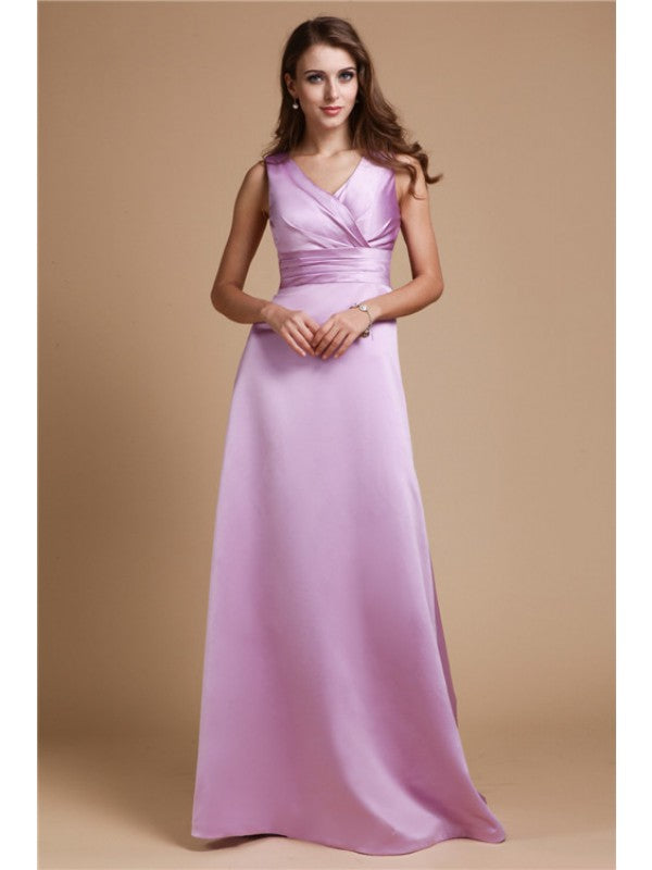 A-Line/Princess V-neck Long Sleeveless Satin Bridesmaid Dresses