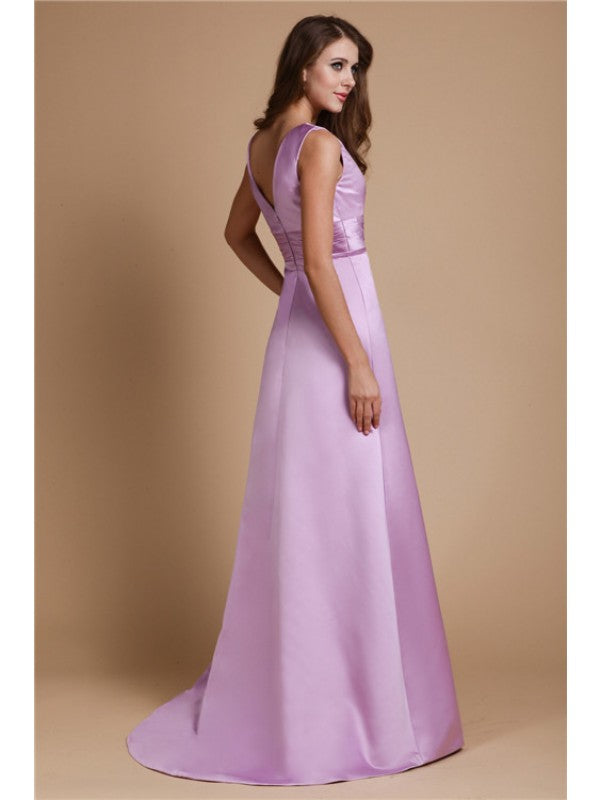 A-Line/Princess V-neck Long Sleeveless Satin Bridesmaid Dresses