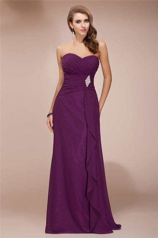 Sheath/Column Sweetheart Sleeveless Long Beading Ruffles Chiffon Bridesmaid Dresses