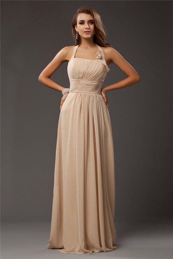 Sheath/Column Halter Sleeveless Ruffles Long Chiffon Bridesmaid Dresses