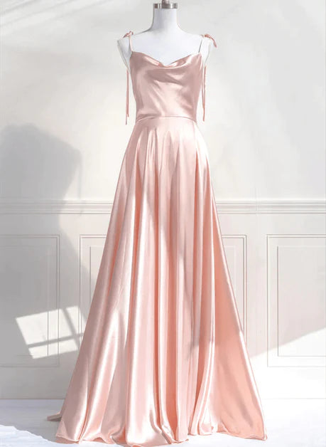 Sweet pink satin shoulder strap low back long evening dress, pink satin off the shoulder and floor evening dress