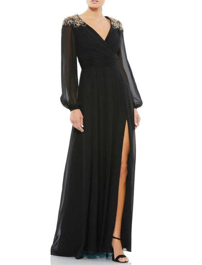 A-Line Mother of the Bride Dress Wedding Guest Vintage Elegant V Neck Knee Length Stretch Chiffon Long Sleeve with Crystals Beading