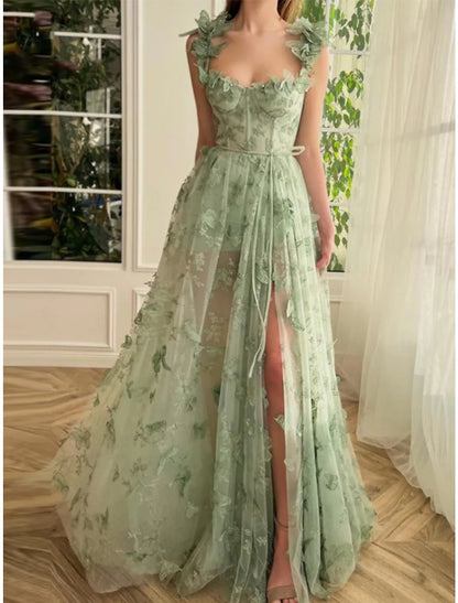 A-Line Prom Dresses Elegant Dress Formal Sweep / Brush Train Sleeveless Square Neck Tulle with Pleats Slit Appliques