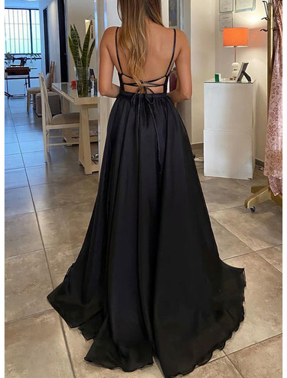 A-Line Prom Dresses Sparkle & Shine Dress Formal Wedding Guest Court Train Sleeveless Spaghetti Strap Wednesday Addams Family Chiffon with Sequin Slit