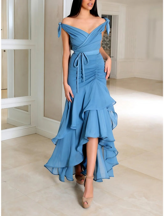 Sheath / Column Cocktail Dresses Party Dress Wedding Guest Asymmetrical Sleeveless Off Shoulder Stretch Fabric with Bow(s) Ruched Ruffles