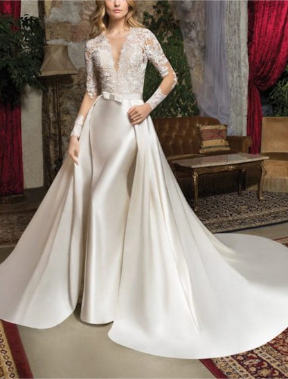 Formal Wedding Dresses Two Piece V Neck Long Sleeve Floor Length Lace OverSkirts Bridal Gowns With Solid Color