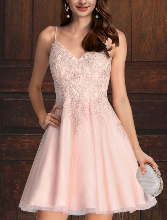 A-Line Cocktail Dresses Empire Dress Homecoming Graduation Short / Mini Sleeveless V Neck Pink Dress Tulle with Tiered