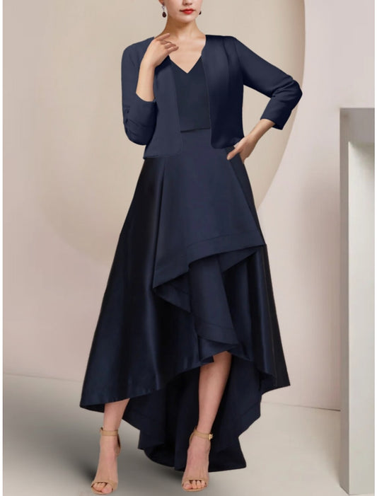 A-Line Mother of the Bride Dress Wedding Guest Elegant V Neck Asymmetrical Floor Length Satin Long Sleeve with Ruching Solid Color