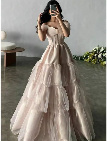 A-Line Evening Gown Princess Dress Formal Floor Length Short Sleeve Off Shoulder Satin with Pleats