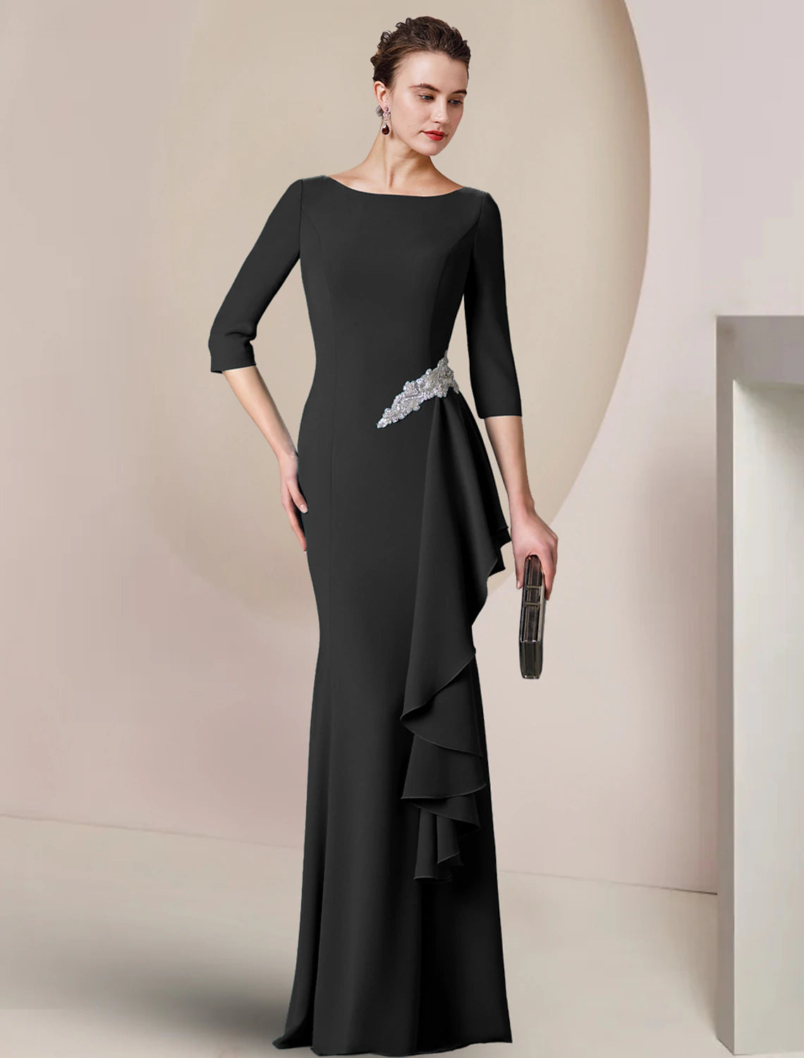 Sheath / Column Mother of the Bride Dress Wedding Guest Party Elegant Scoop Neck Floor Length Stretch Fabric 3/4 Length Sleeve with Crystal Brooch Ruching